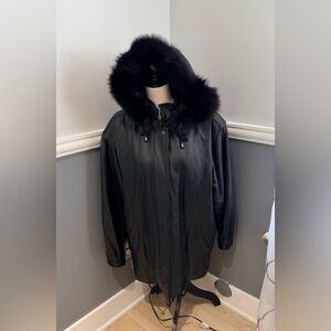 Amber Stone Black Hooded Leather Jacket with Fox Fur Trim Size Large